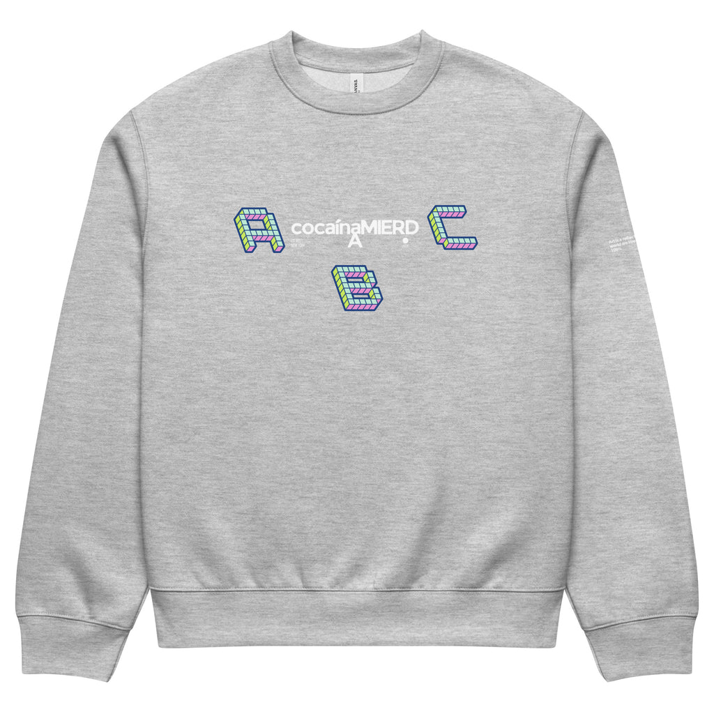 Felpa girocollo oversized grigia con grafica streetwear manifesto in bianco "cocaínaMIERDA" e lettere colorate ABC al.