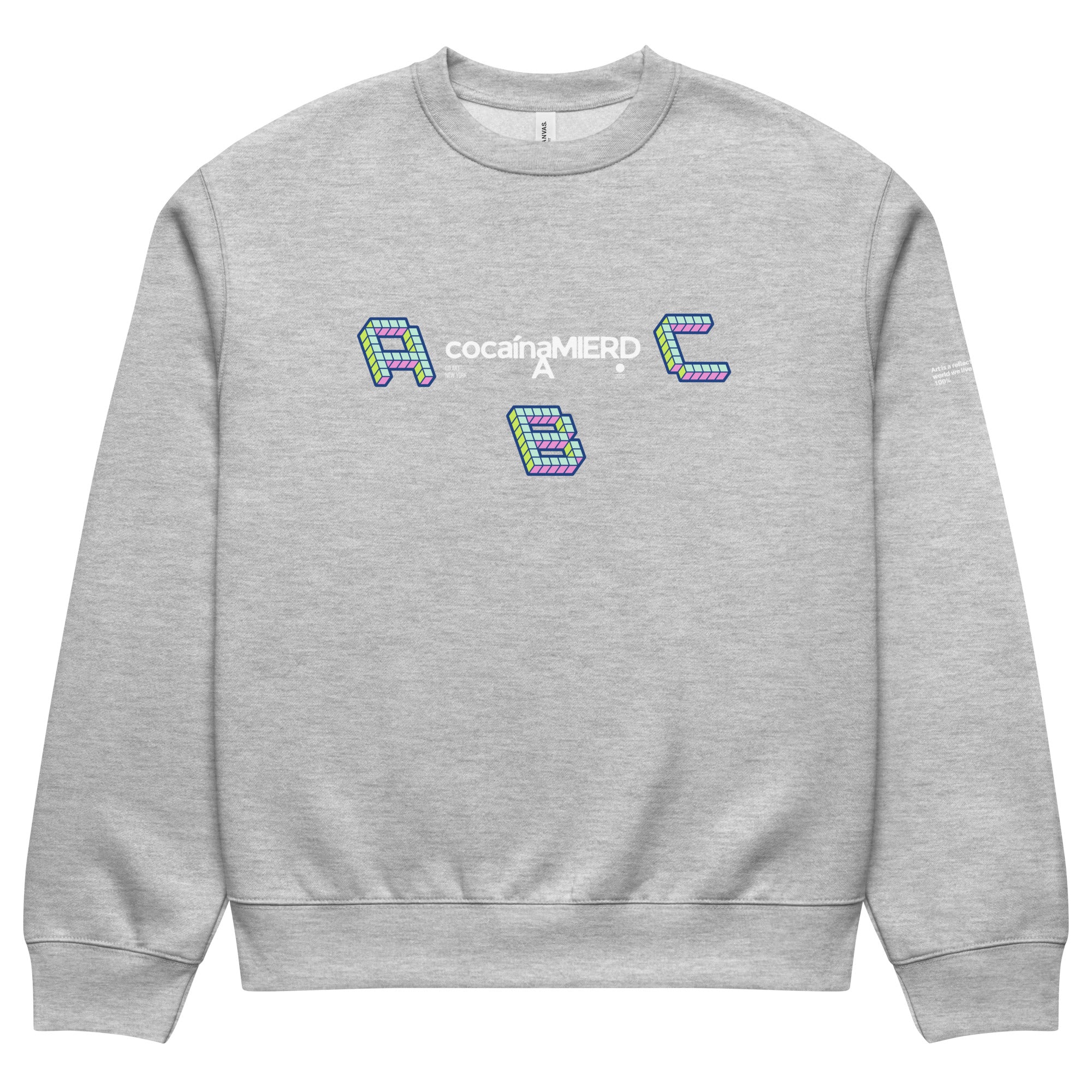 Felpa girocollo oversized grigia con grafica streetwear manifesto in bianco "cocaínaMIERDA" e lettere colorate ABC al.