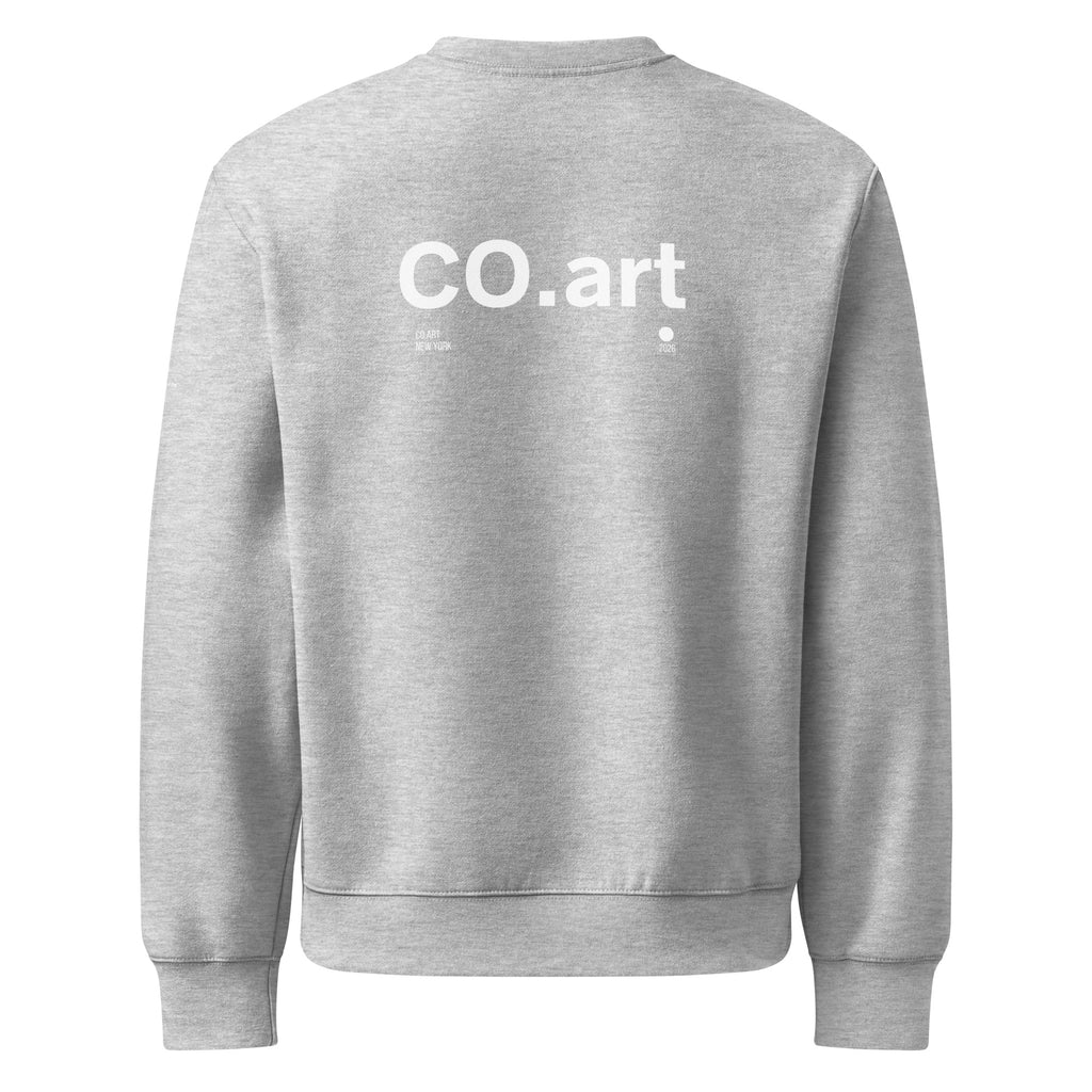 Felpa girocollo grigia oversized con scritta bianca "CO.art" sul retro, stile streetwear con grafica minimalista e messaggio .
