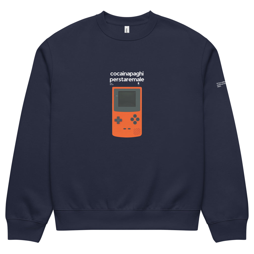 Felpa girocollo oversized navy con grafica streetwear di console videogame arancione e scritta bianca.