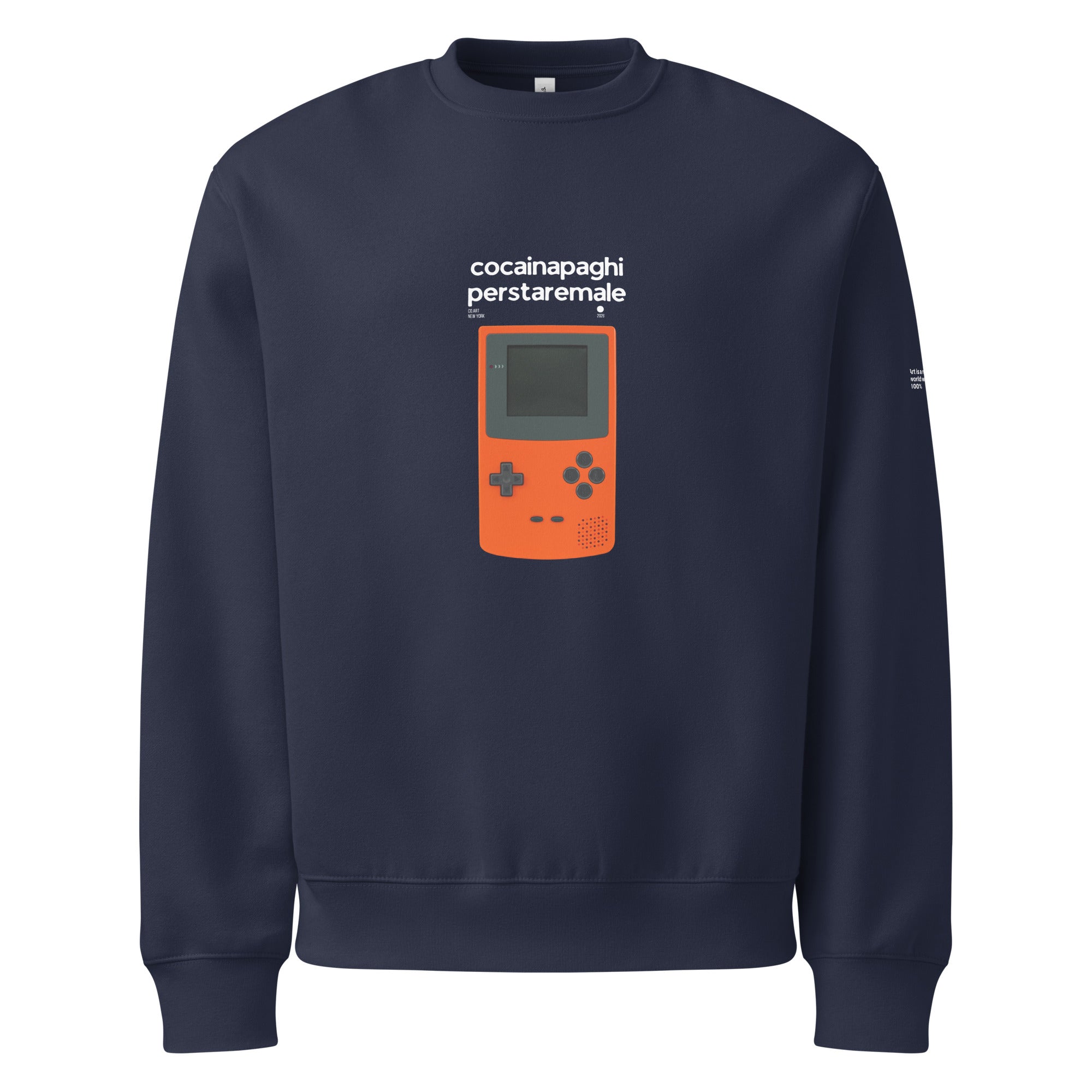 Felpa navy girocollo oversized con grafica videogioco arancione e scritta bianca "cocainapaghi per stare male" streetwear.
