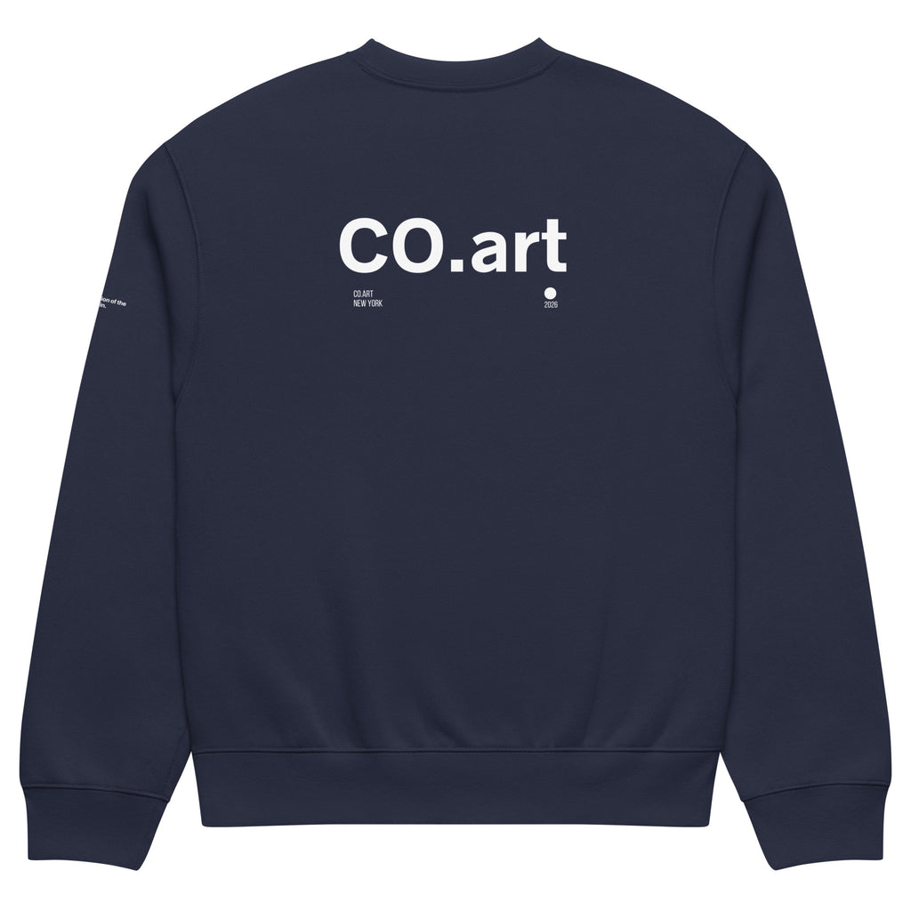 Felpa navy oversized streetwear con grafica bianca "CO.art" manifesto messaggio forte sul retro.