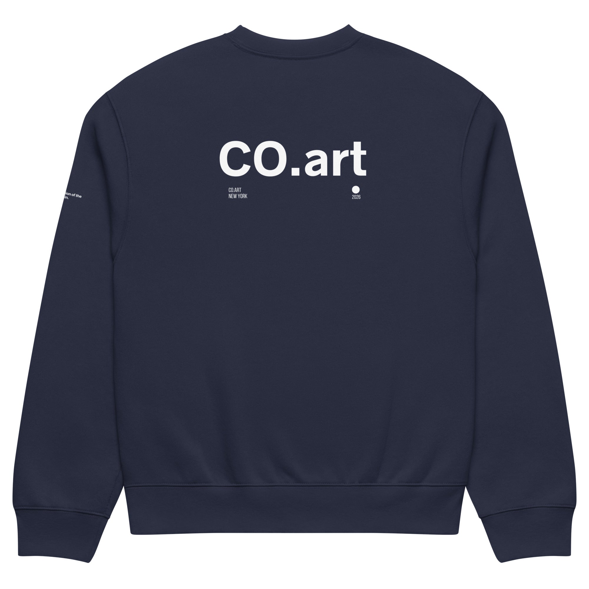 Felpa navy oversized streetwear con grafica bianca "CO.art" manifesto messaggio forte sul retro.