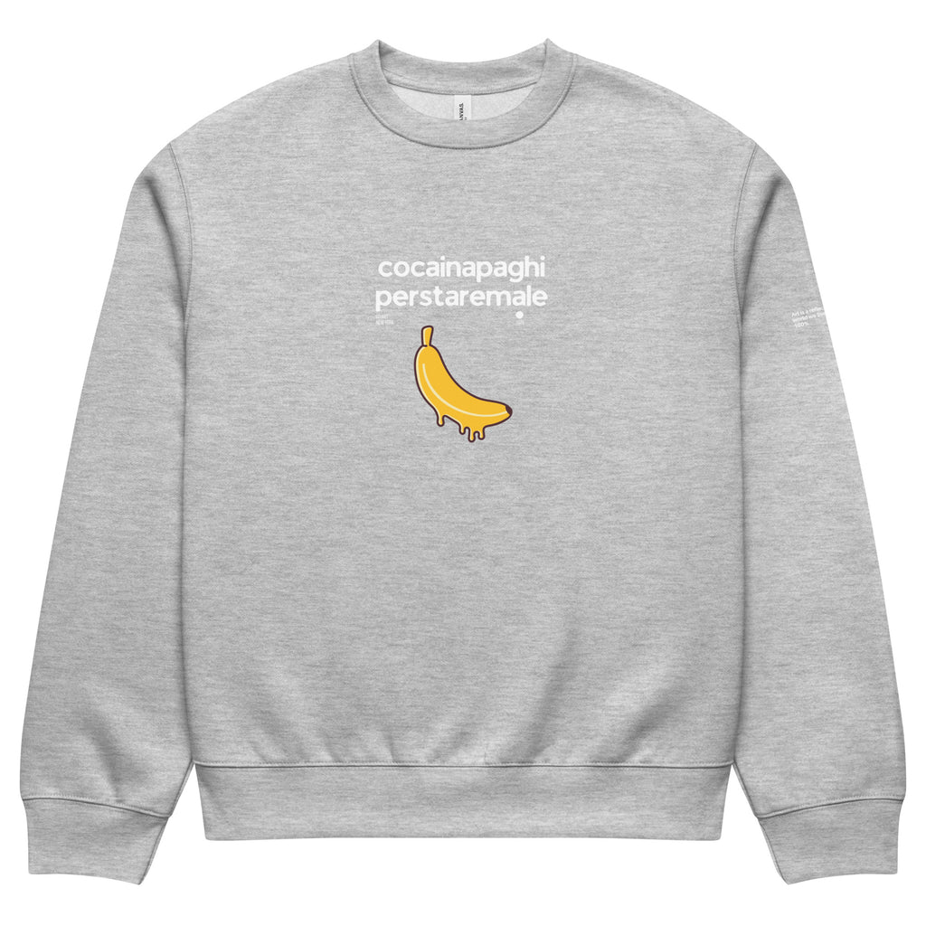 Felpa girocollo oversized grigia con grafica streetwear. Scritta bianca "cocainapaghiperstaremale" sopra un'illustrazione.