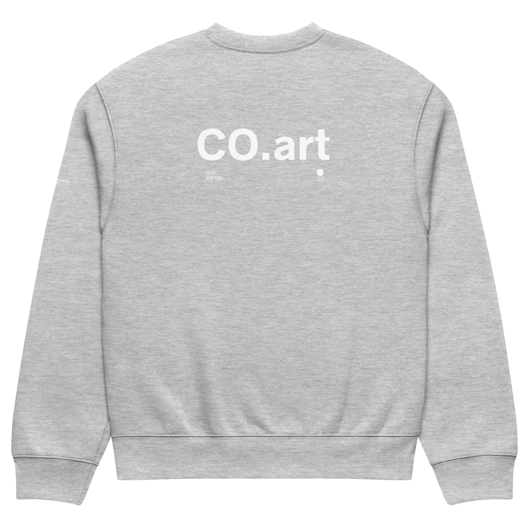 Felpa girocollo oversized grigia con grafica bianca "CO.art" sul retro, stile streetwear manifesto con messaggio forte.