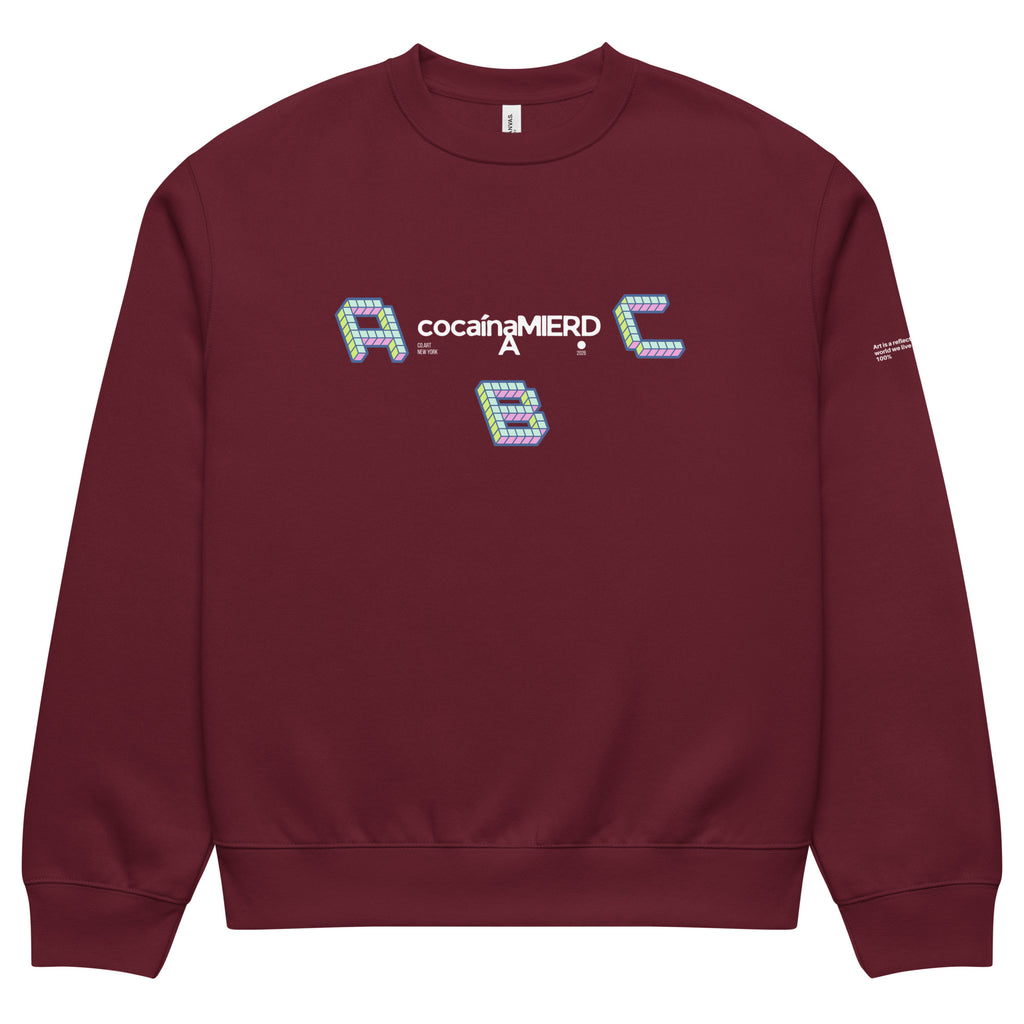 Felpa girocollo oversized granata con scritta bianca "cocaínaMierda" in stile streetwear, grafica manifesto con lettere ABC.