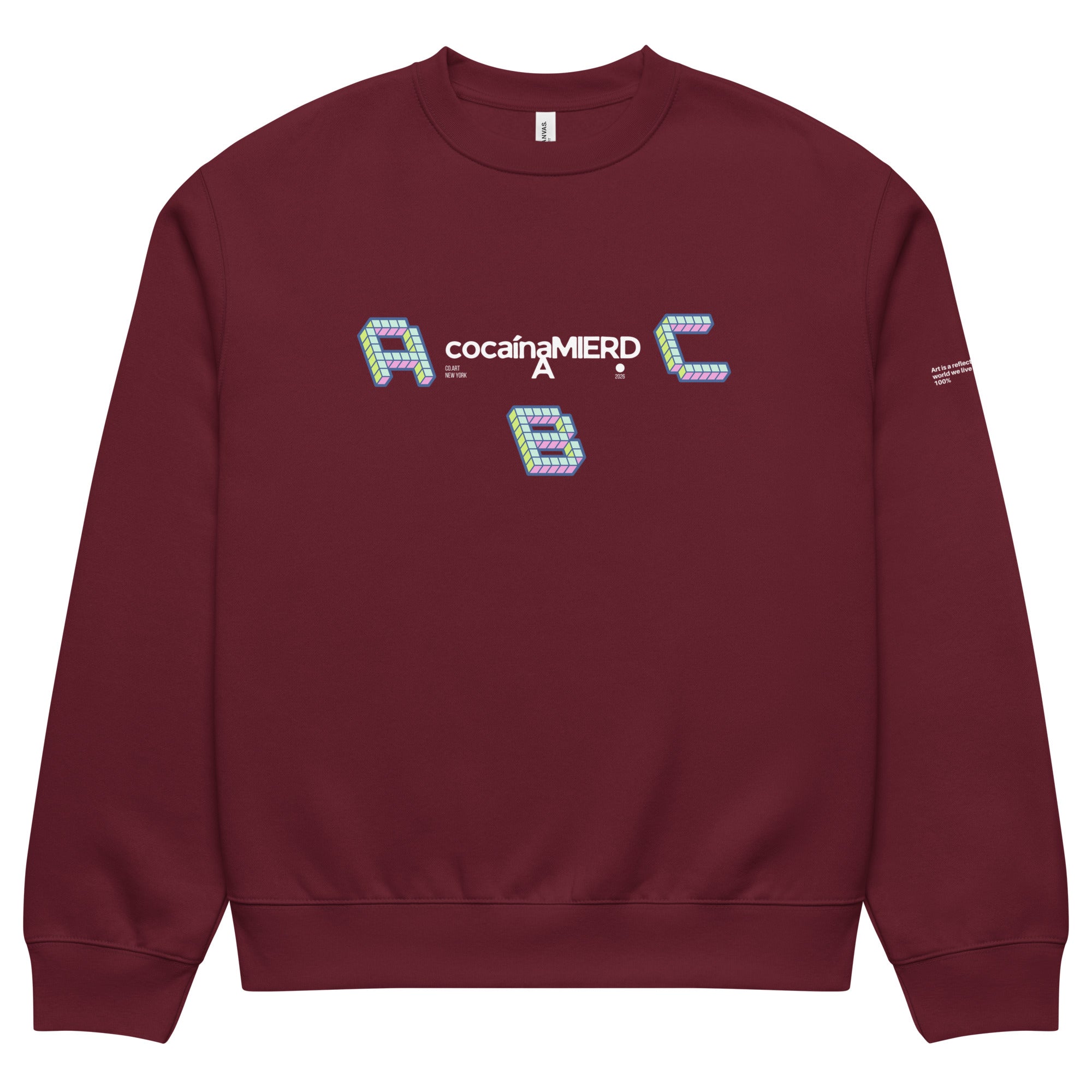 Felpa girocollo oversized granata con scritta bianca "cocaínaMierda" in stile streetwear, grafica manifesto con lettere ABC.