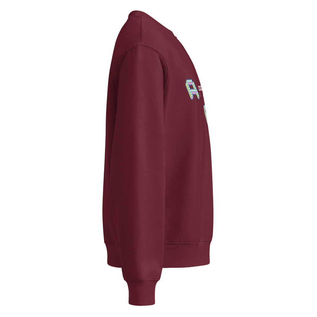 Felpa girocollo oversize granata con scritta bianca "ABC" in stile streetwear grafica manifesto messaggio forte, manica.