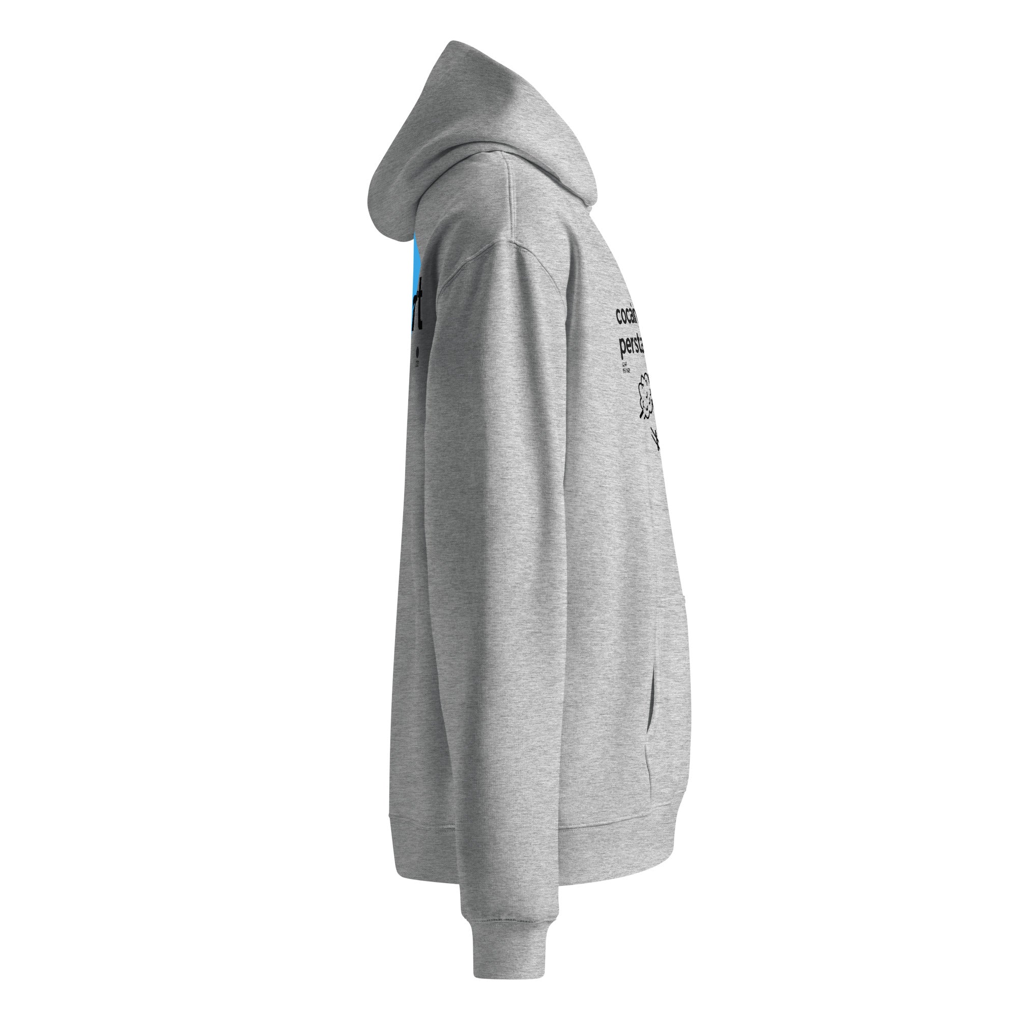 Felpa hoodie oversized grigia in cotone con scritta nera "CocainaPaghiPerStareMale" sul retro, stile streetwear con.
