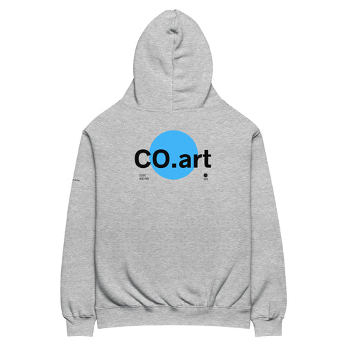 Felpa con cappuccio grigia oversized con grafica streetwear sul retro, cerchio blu con scritta nera "CO.