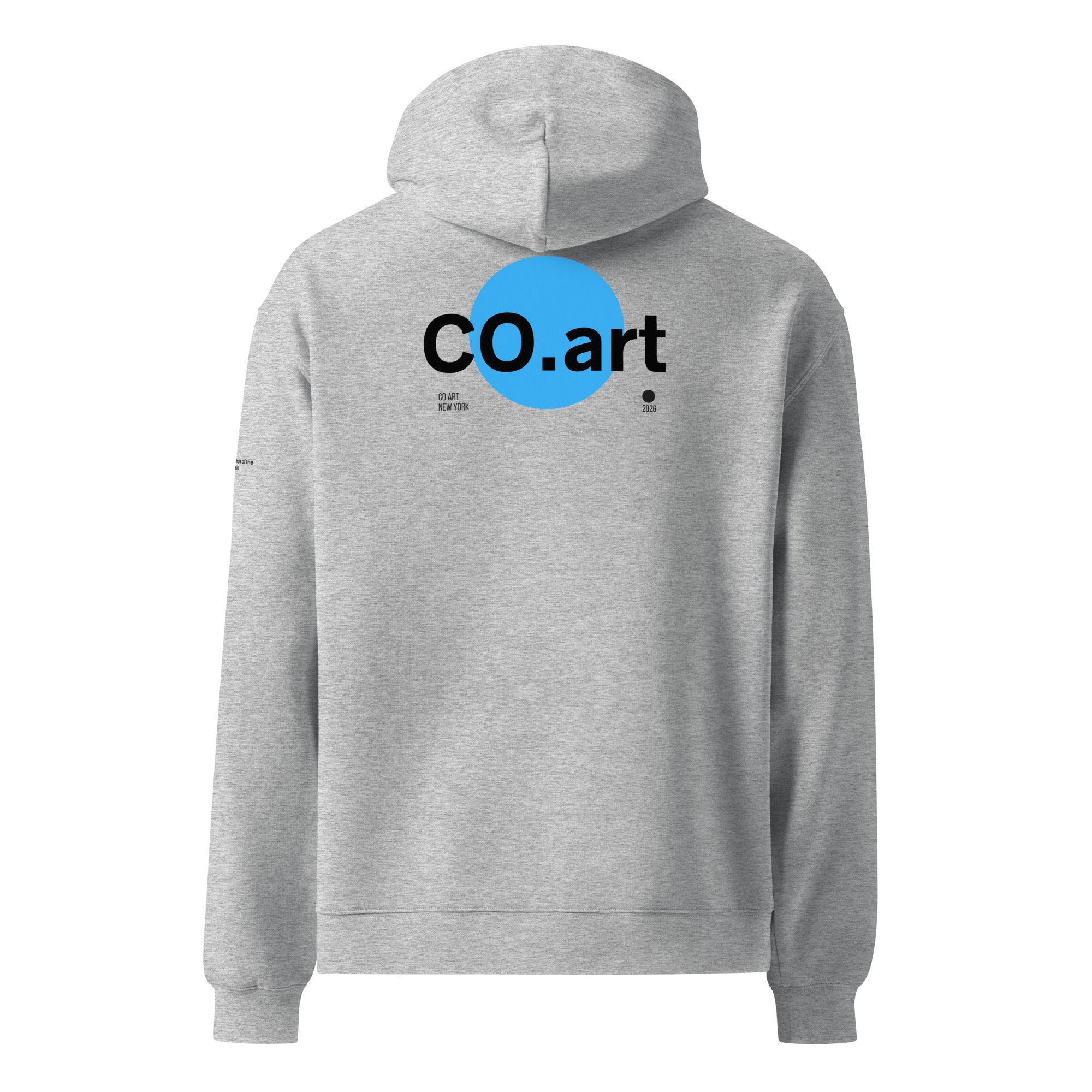 Felpa grigia oversize con cappuccio, grafica streetwear blu e nera con testo "CO.art" e design manifesto sul retro.