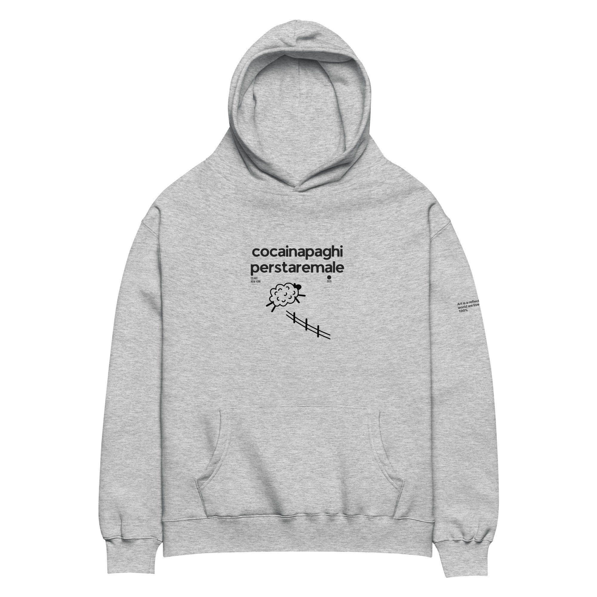 Felpa grigia oversized in cotone con cappuccio, scritta nera "cocainapaghiperstaremale" e grafica pecora stilizzata,.