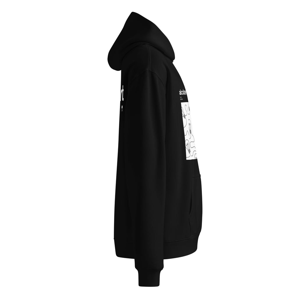 Felpa nera oversized unisex con cappuccio, grafica bianca frontale a tema lampadine, stile streetwear con messaggio forte e.