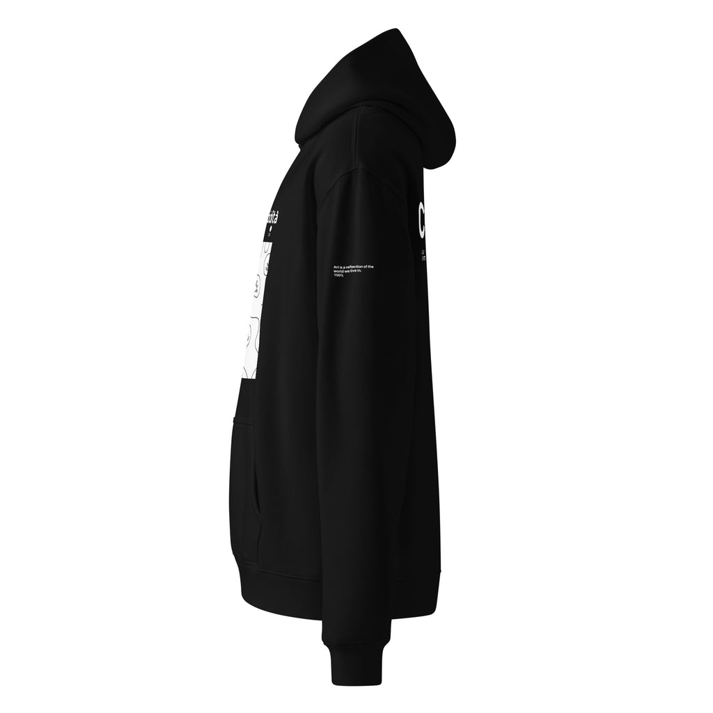 Felpa nera oversized unisex con cappuccio, grafica manifesto bianca con scritta "alcolzerolucidità" e lampadine, stile.