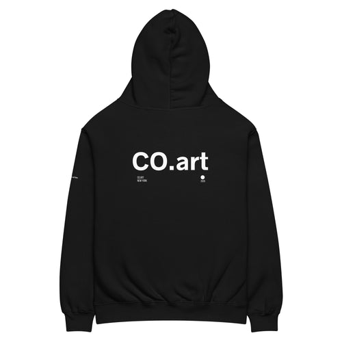 Felpa hoodie nera oversize unisex con grafica bianca "CO.art" e simbolo lampadina, streetwear manifesto messaggio forte.