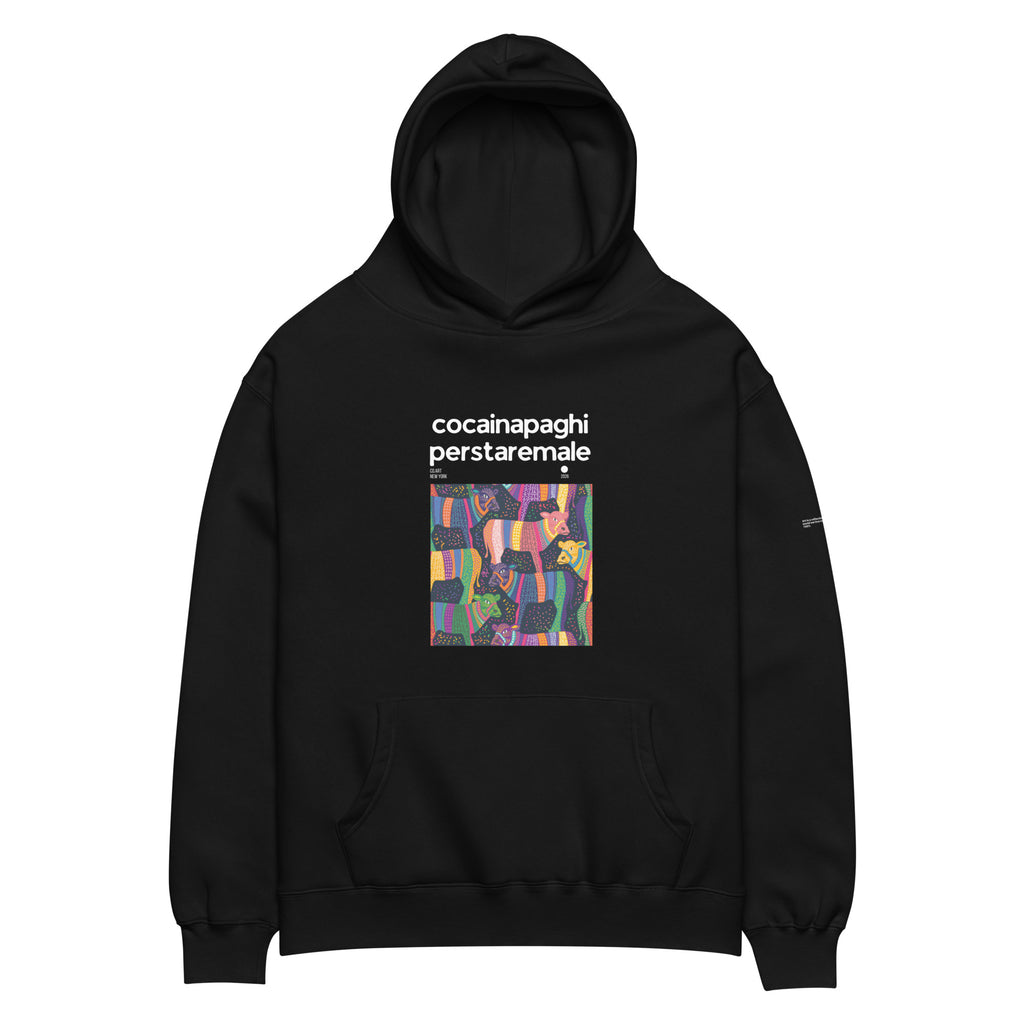 Felpa nera oversize con cappuccio unisex, grafica colorata e scritta bianca "cocainapaghiper staremale" in stile streetwear, .