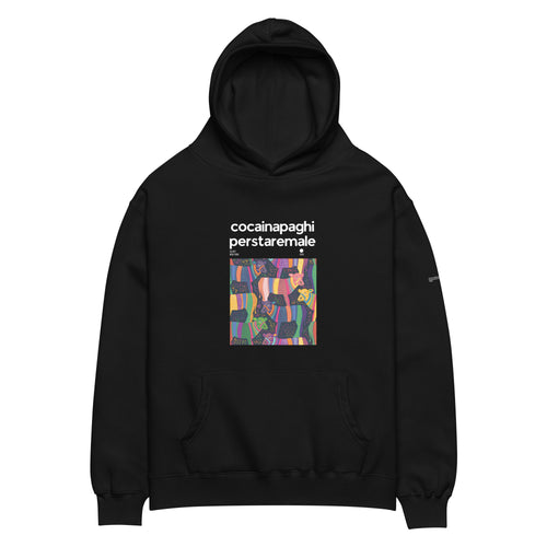 Felpa nera oversize con cappuccio unisex, grafica colorata e scritta bianca "cocainapaghiper staremale" in stile streetwear, .