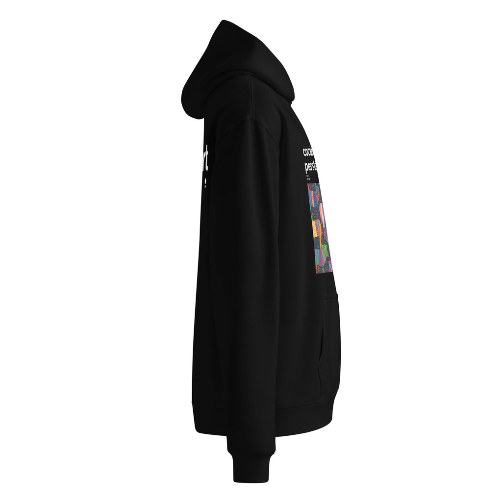 Felpa oversize nera con cappuccio, grafica colorata e scritta bianca "CocainaPaghiPerStareMale", streetwear con messaggio.