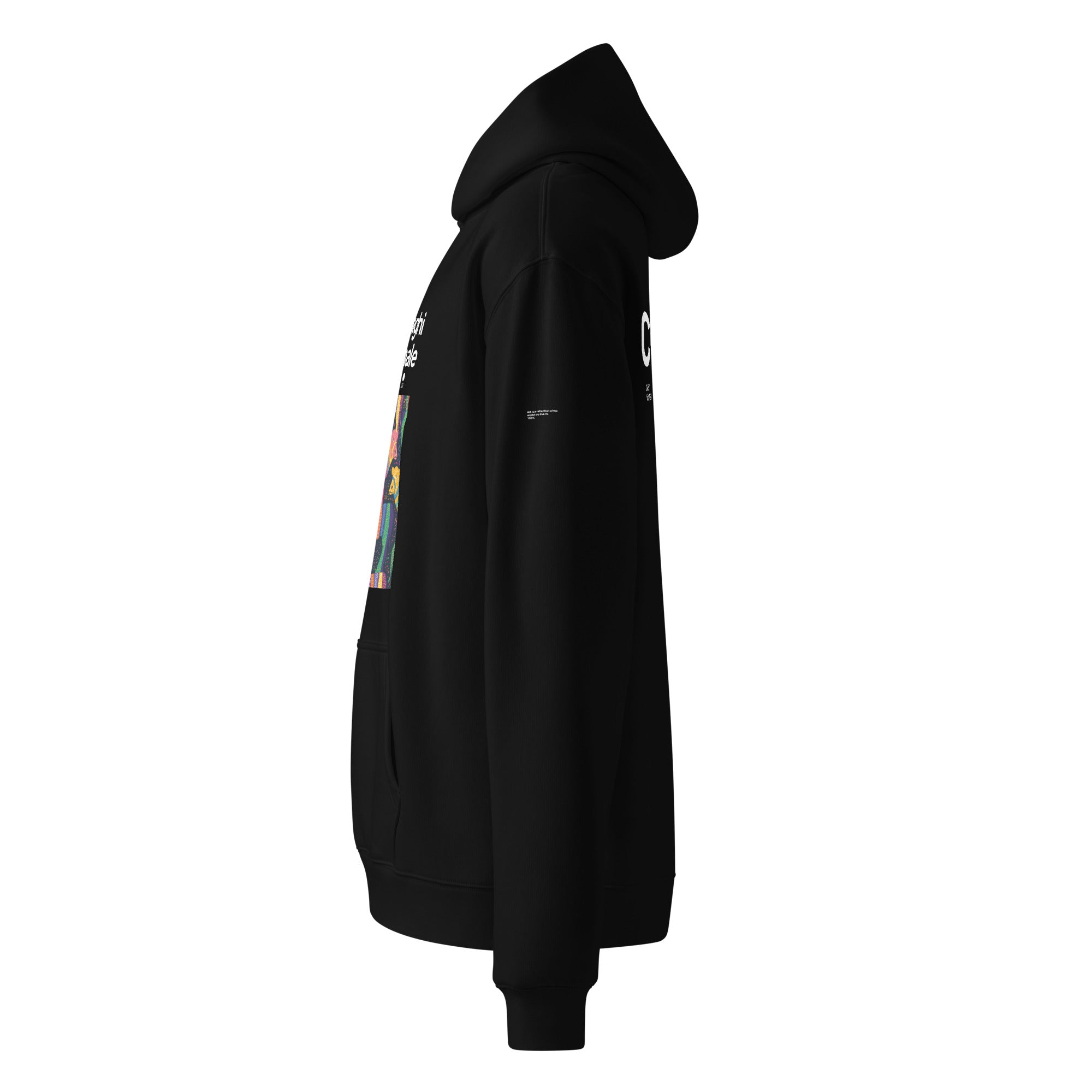 Felpa nera oversize unisex con cappuccio, grafica colorata frontale e scritta bianca "CocainaPaghiPerStareMale", stile.
