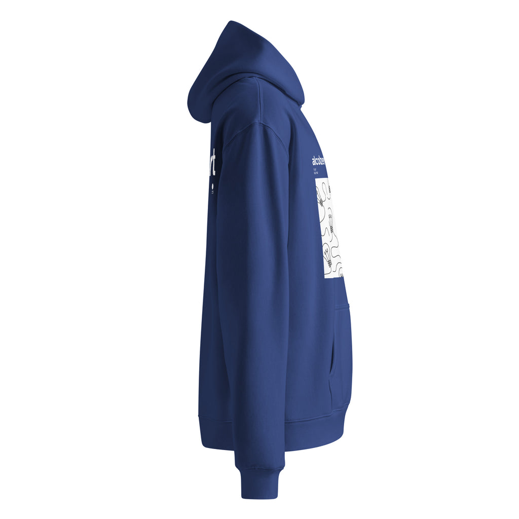 Felpa con cappuccio oversize blu con grafica bianca a tema lampadine e messaggio forte streetwear manifesto sul petto, stile .
