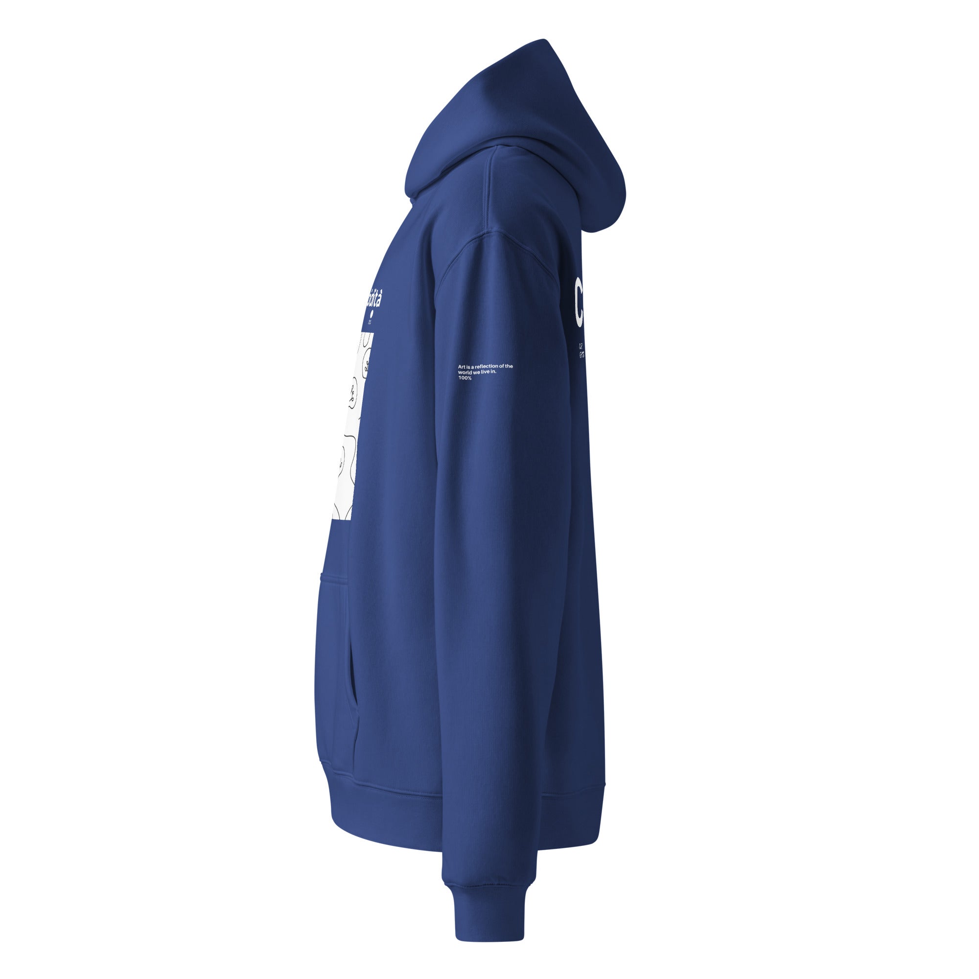 Felpa hoodie oversized blu con grafica bianca frontale e scritta messaggio forte alcolzerolucidità stile streetwear unisex.