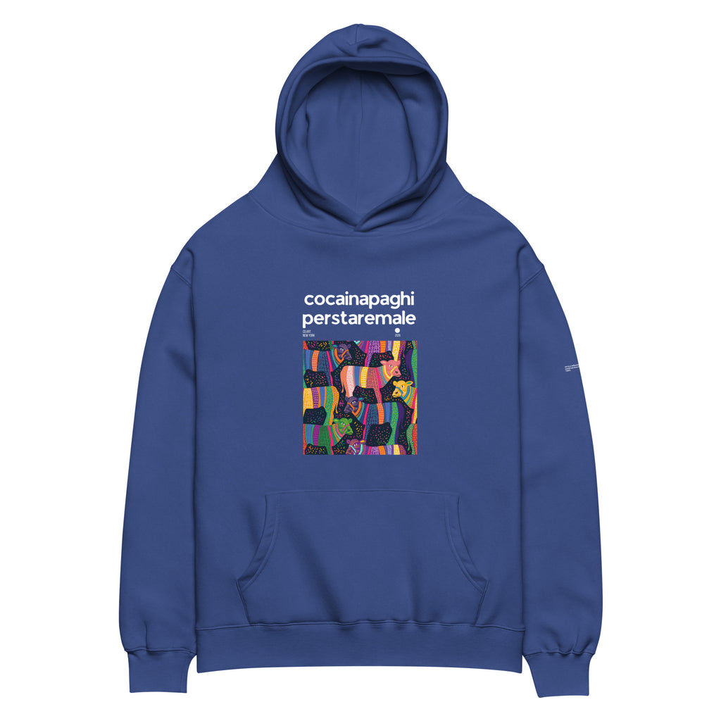 Felpa oversize streetwear unisex blu cobalto con cappuccio, scritta bianca "cocainapaghiperstaremale" sopra grafica.