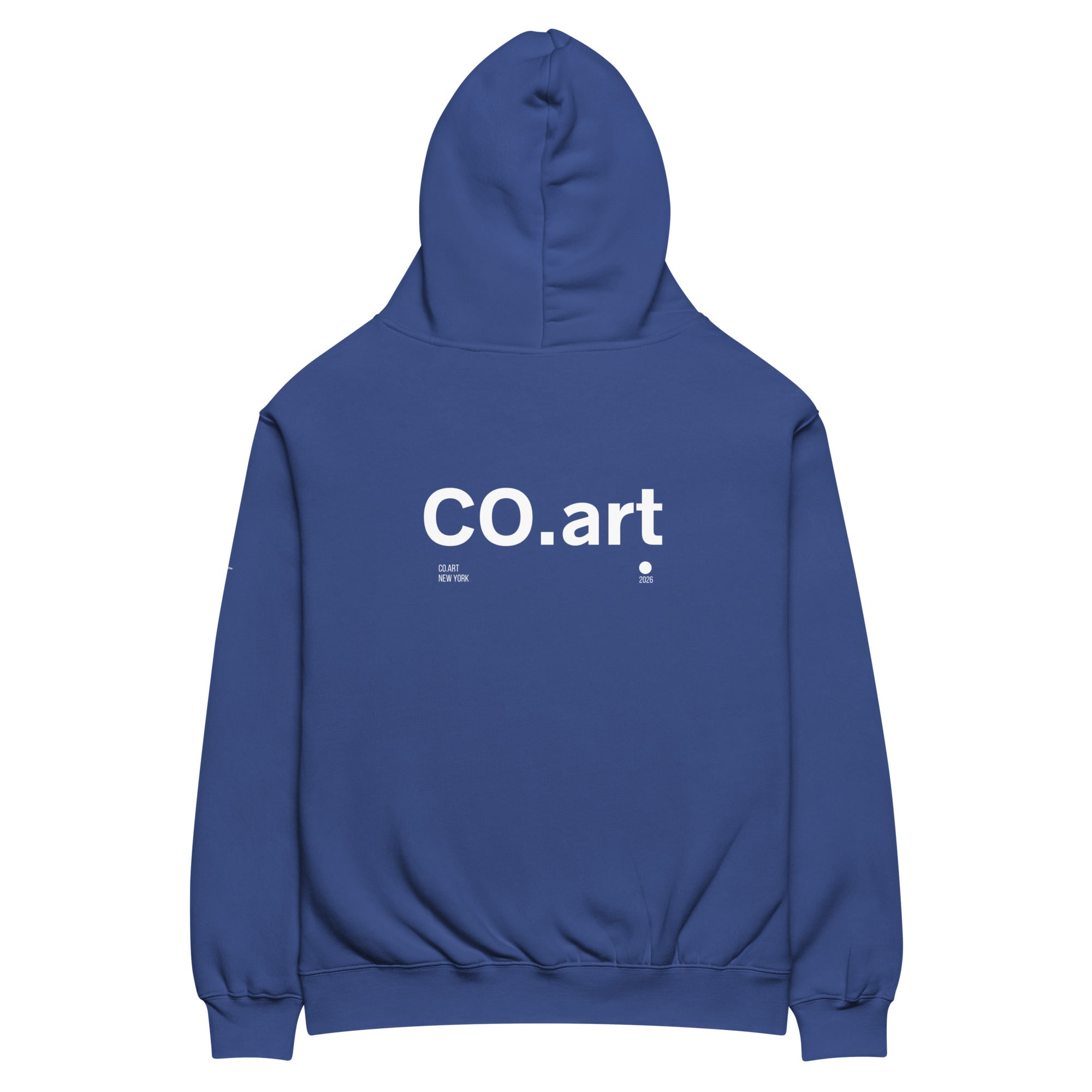 Felpa hoodie oversized unisex blu cobalto con grafica bianca CO.art sul retro, stile streetwear con messaggio manifesto.