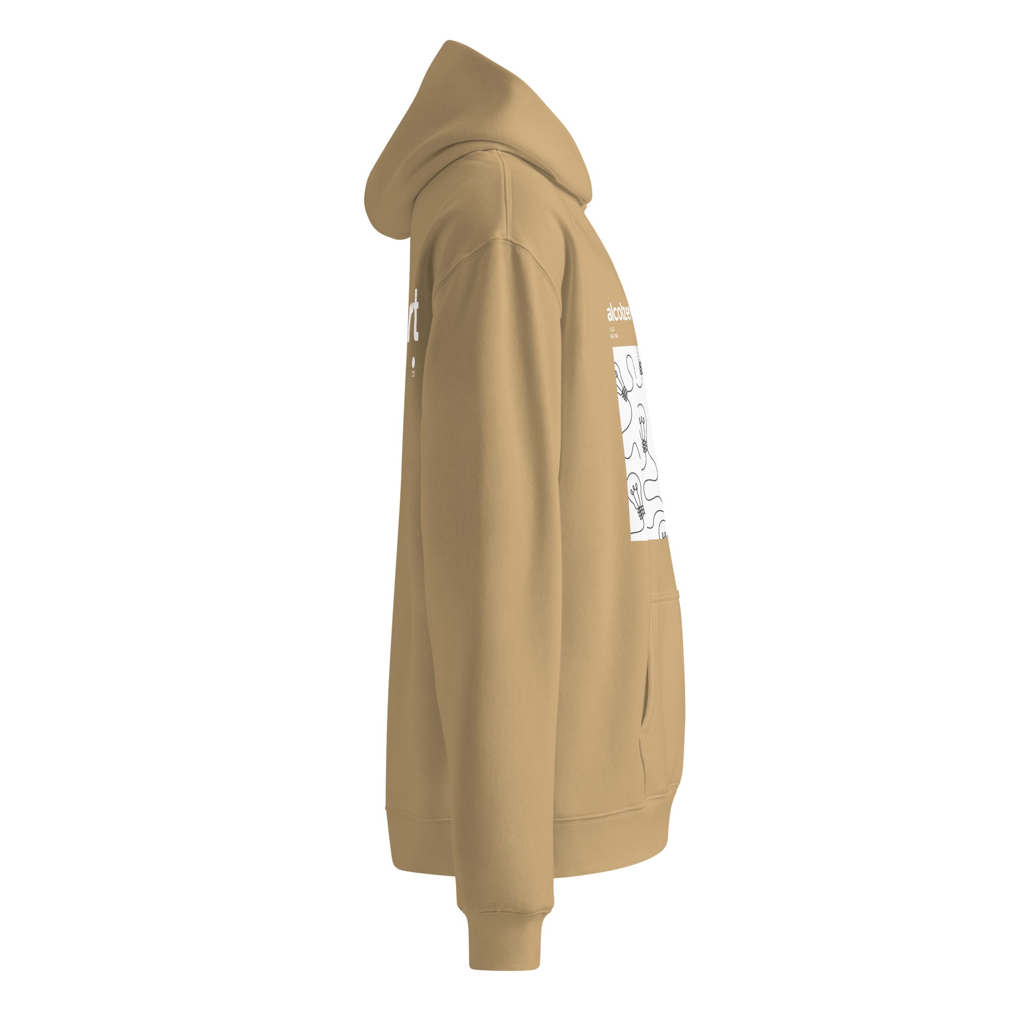 Felpa oversize sabbia con cappuccio, grafica manifesto a lettere bianche con disegno lampadine, stile streetwear unisex.