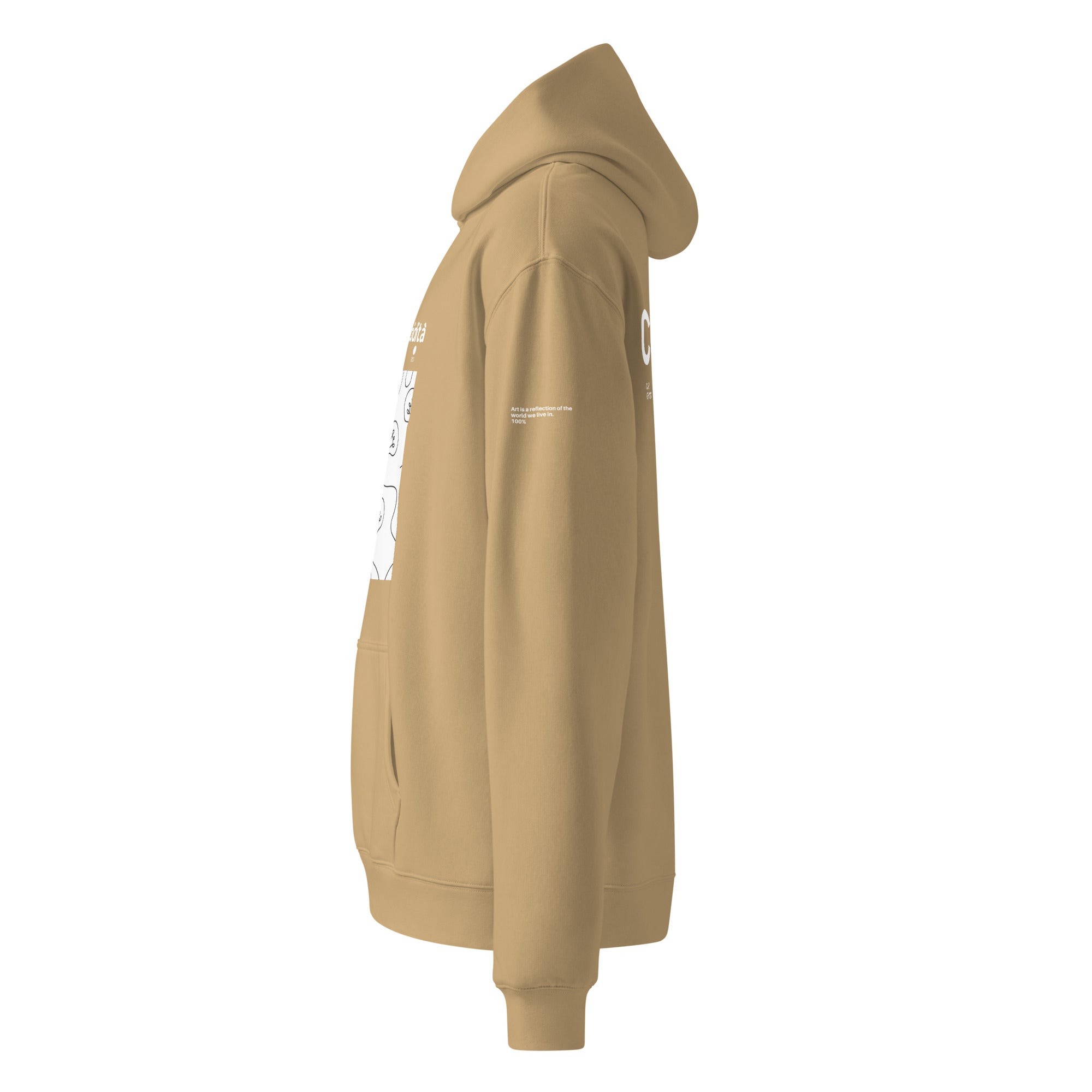 Felpa oversize sabbia unisex con cappuccio, grafica bianca a lampadine e scritta "alcolzerolucidità" sul davanti, stile.