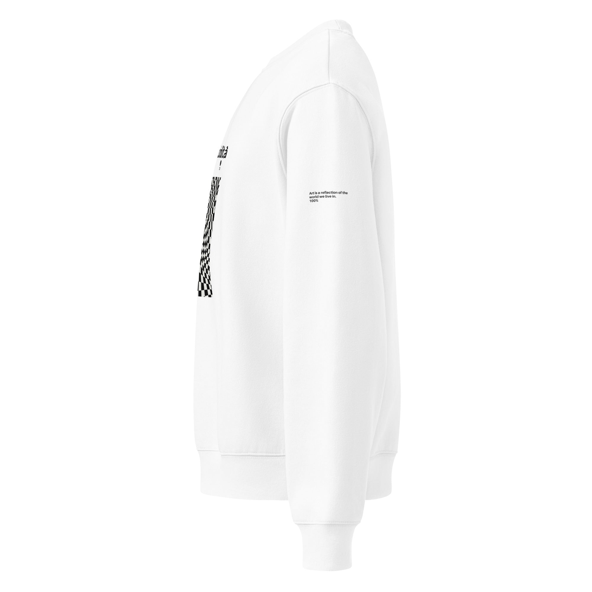 Felpa girocollo oversized bianca con scritta nera "AlcolZeroLucidità" fronte, stile streetwear, grafica manifesto messaggio.