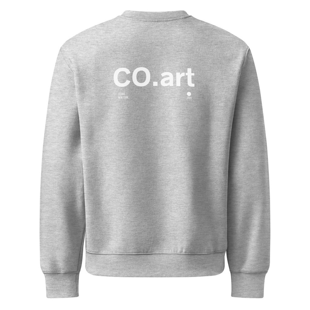 Felpa girocollo grigia oversized con scritta bianca "CO.art" sul retro, stile streetwear grafica manifesto messaggio forte.