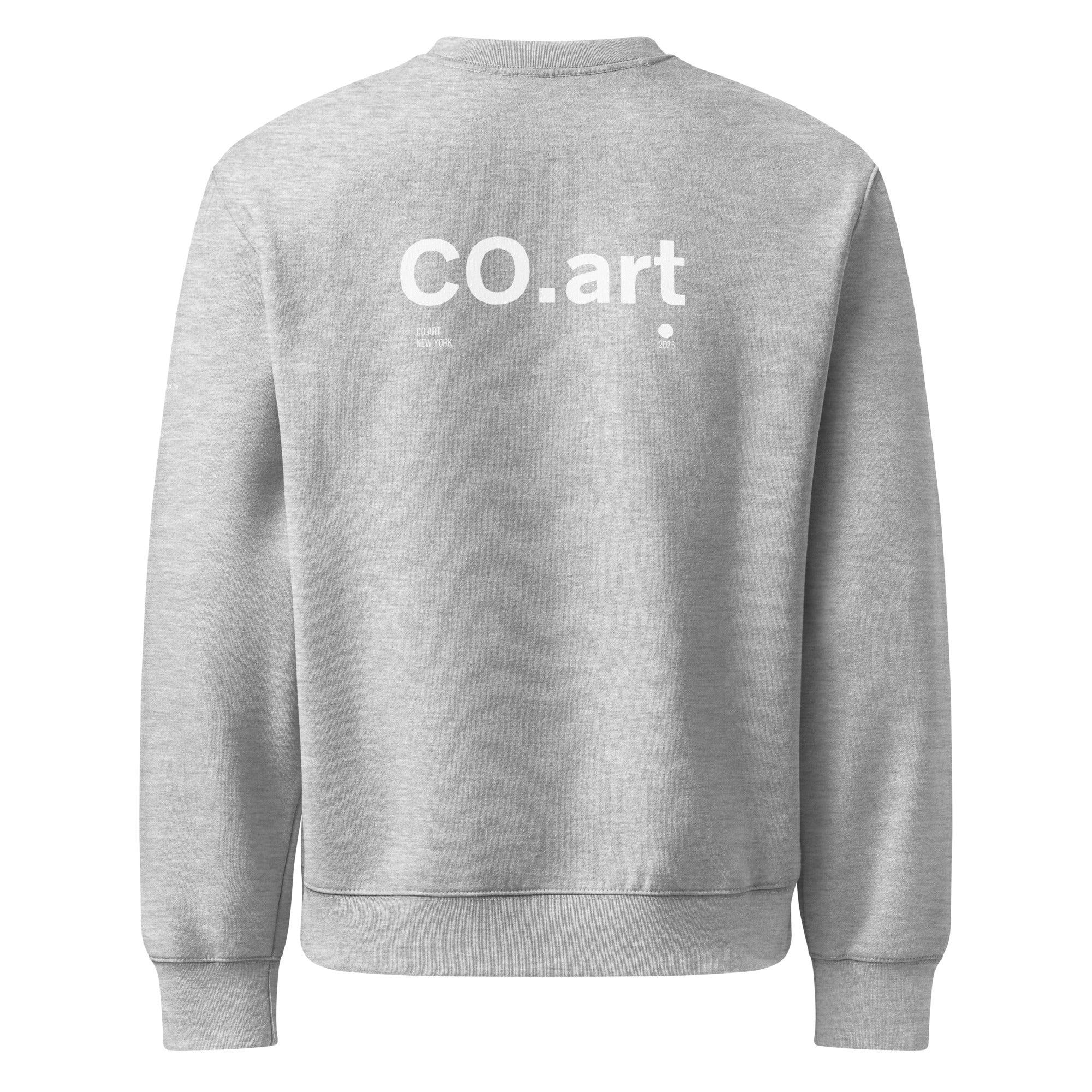 Felpa girocollo grigia oversized con scritta bianca "CO.art" sul retro, stile streetwear grafica manifesto messaggio forte.