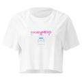 Crop top bianco in cotone con grafica streetwear, scritta rosa "cocainamierda" e gatto stilizzato, messaggio forte manifesto.