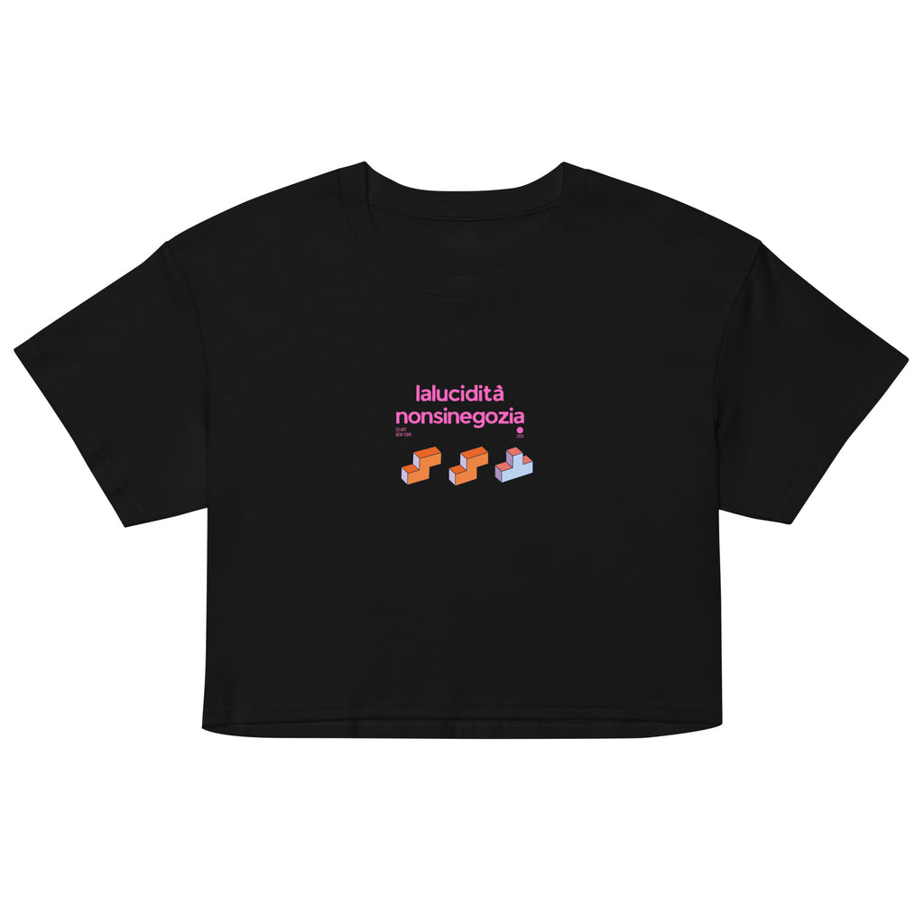Crop top nero da donna in cotone con grafica streetwear rosa bubble Tetris e scritta manifesto "lalucidità nonsinegozia".