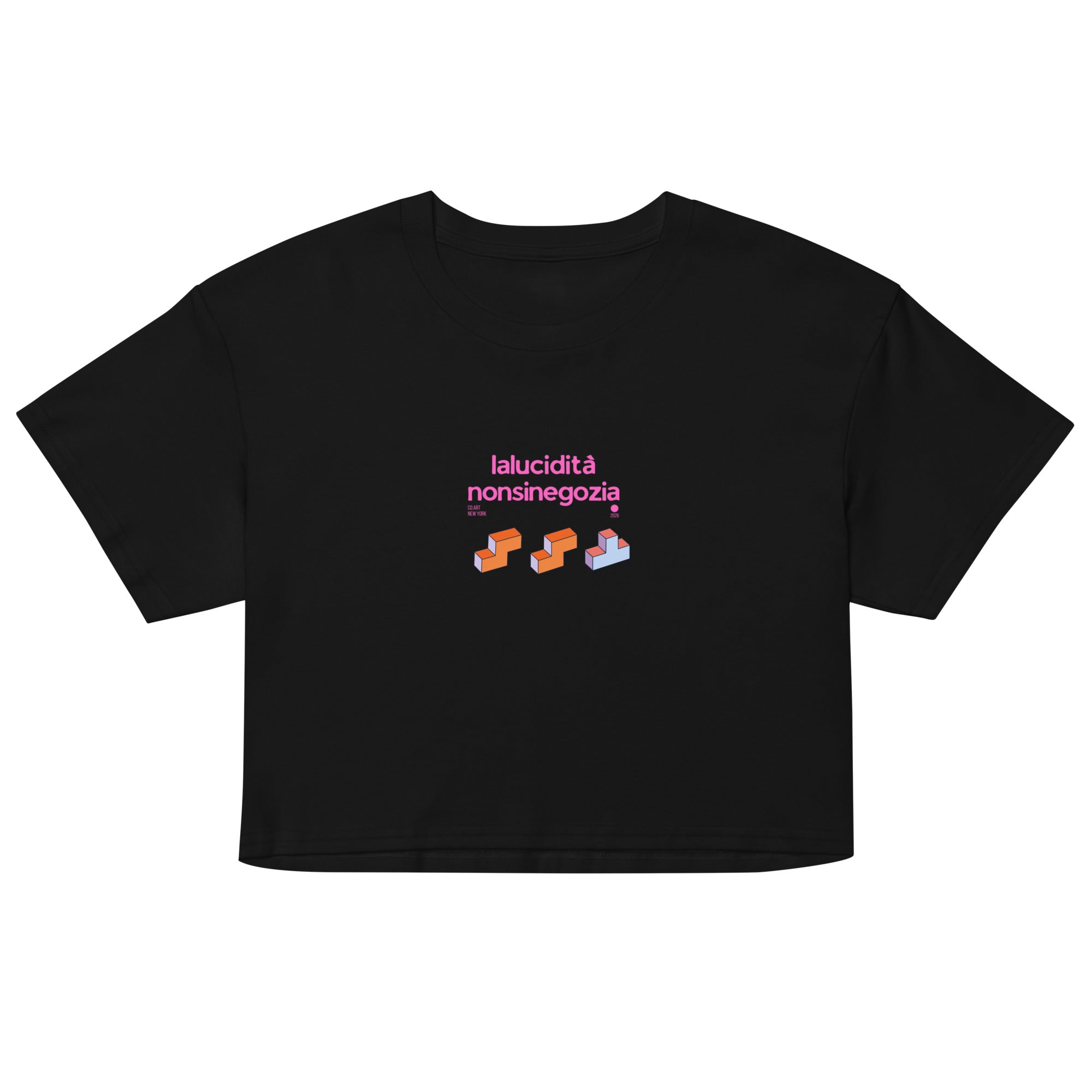 Crop top nero da donna in cotone con grafica streetwear rosa bubble Tetris e scritta manifesto "lalucidità nonsinegozia".