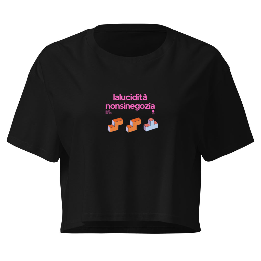 Crop top nero da donna in cotone con scritta rosa bubble "lalucidità nonsinegozia" e grafica stile Tetris, streetwear con.