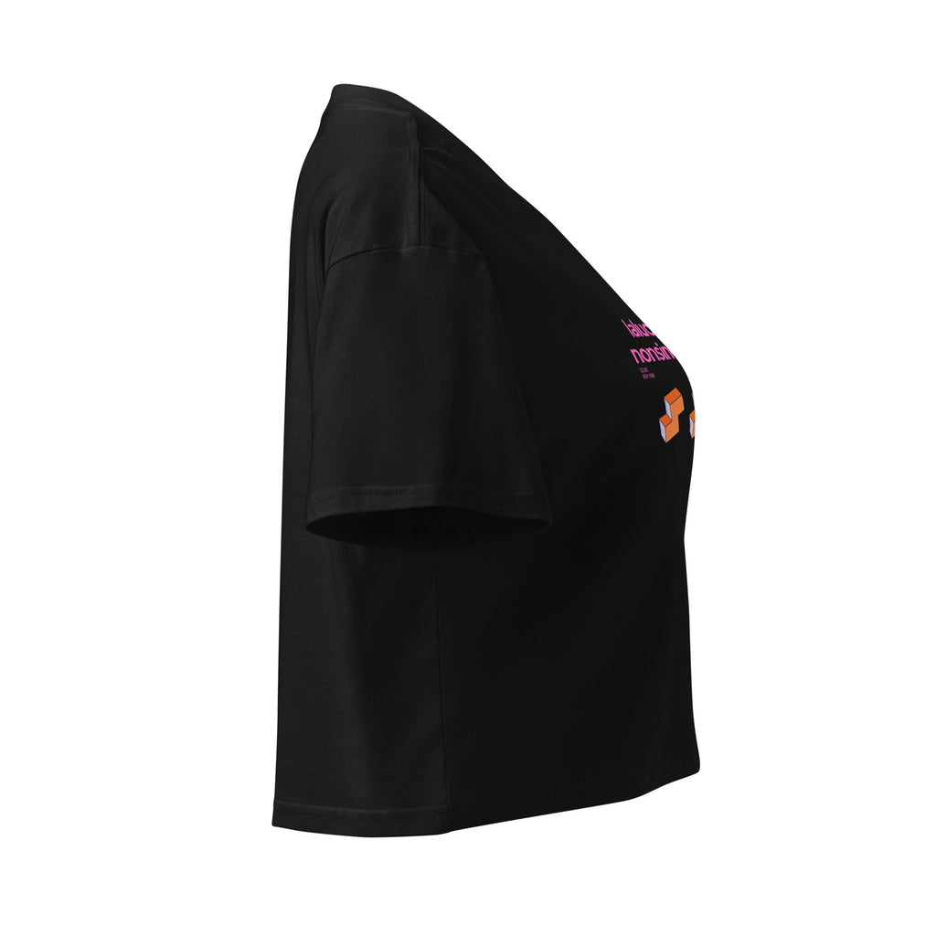 Crop top nero in cotone con scritta rosa bubble "LaLuciditàNonSiNegozia" e grafica Tetris, stile streetwear con messaggio.