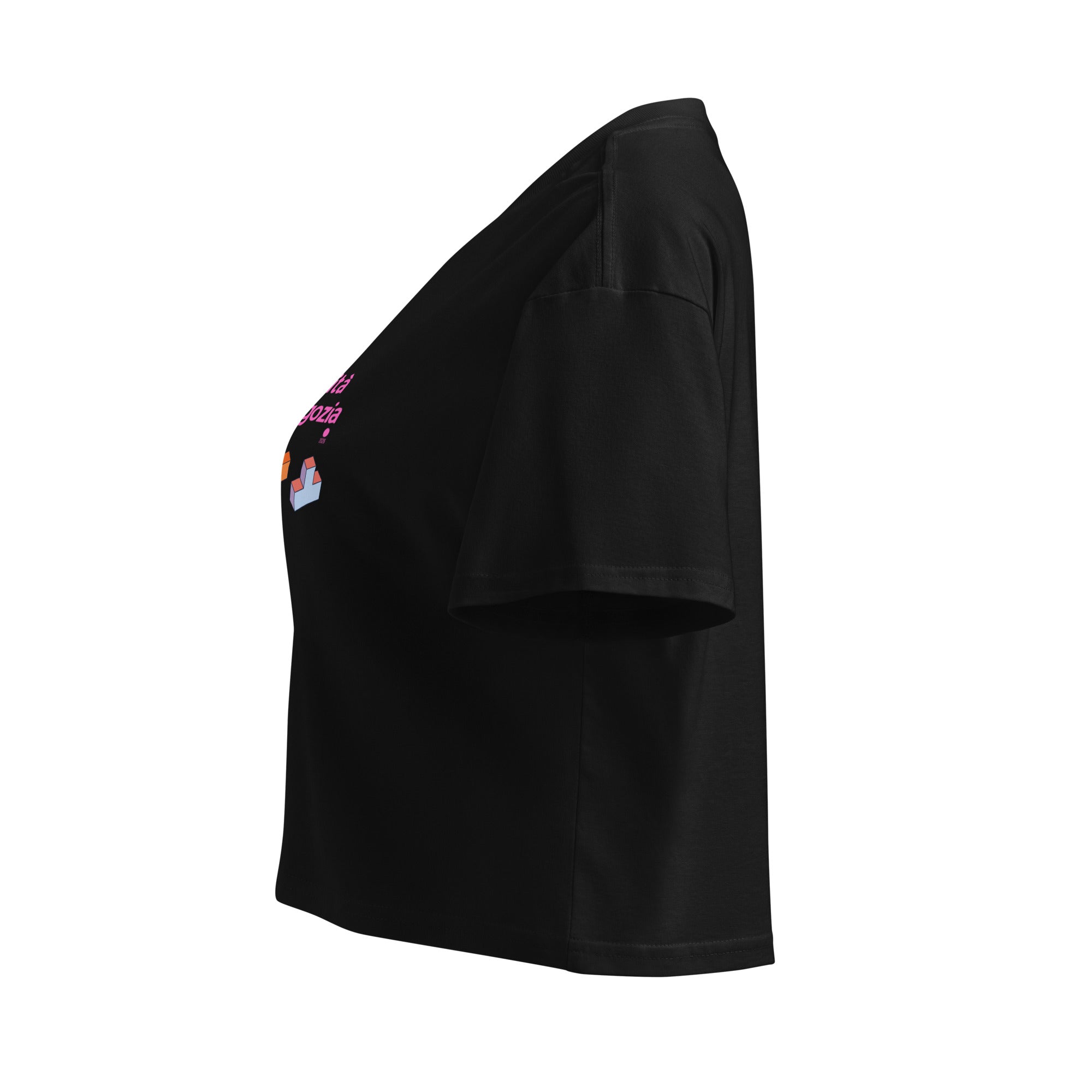 Crop top nero donna in cotone con scritta rosa bubble stile Tetris "LaLuciditàNonSiNegozia" streetwear grafica manifesto.