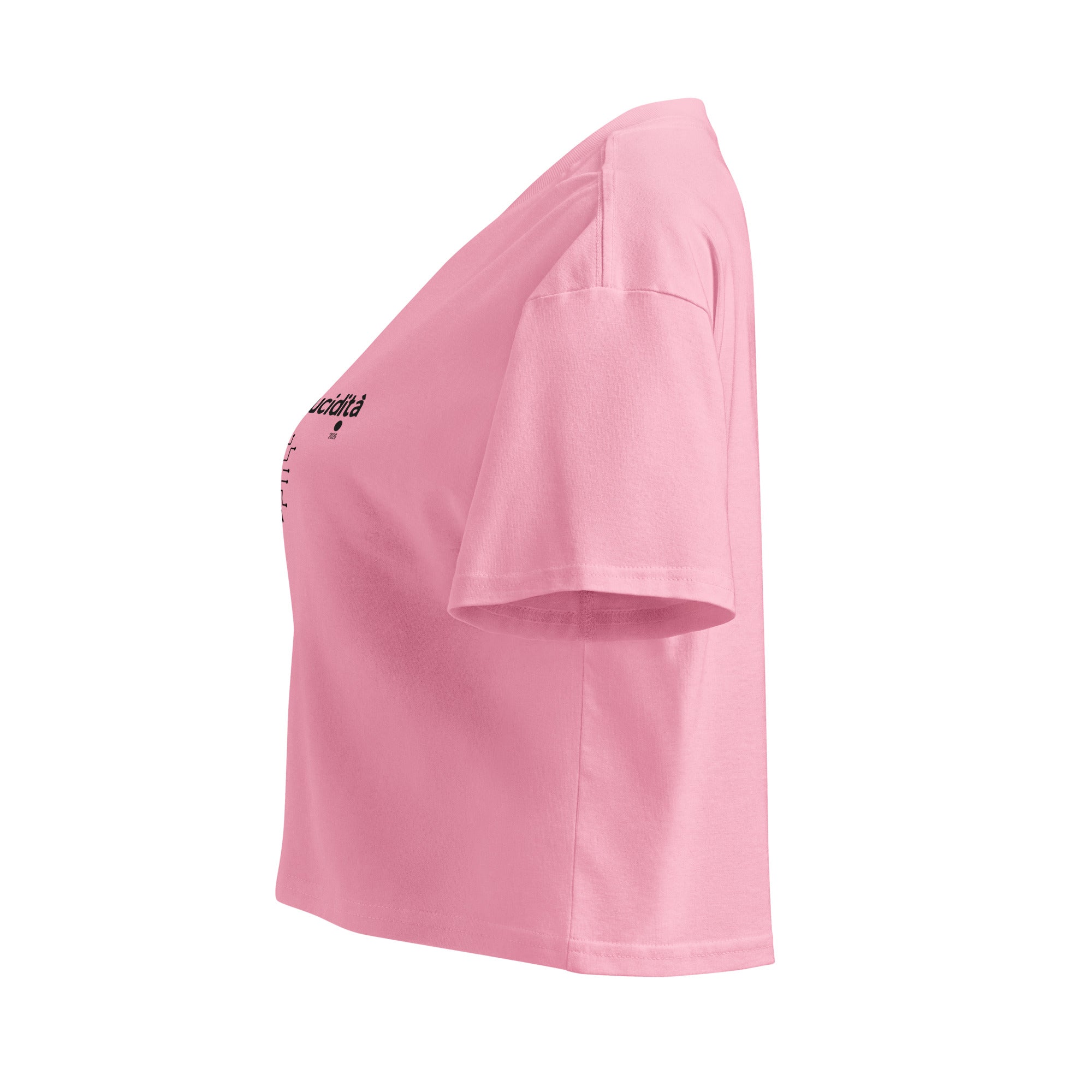 Crop top rosa bubblegum in cotone con scritta nera "AlcolZeroLucidità" e grafica cerebrale, streetwear con messaggio forte e .