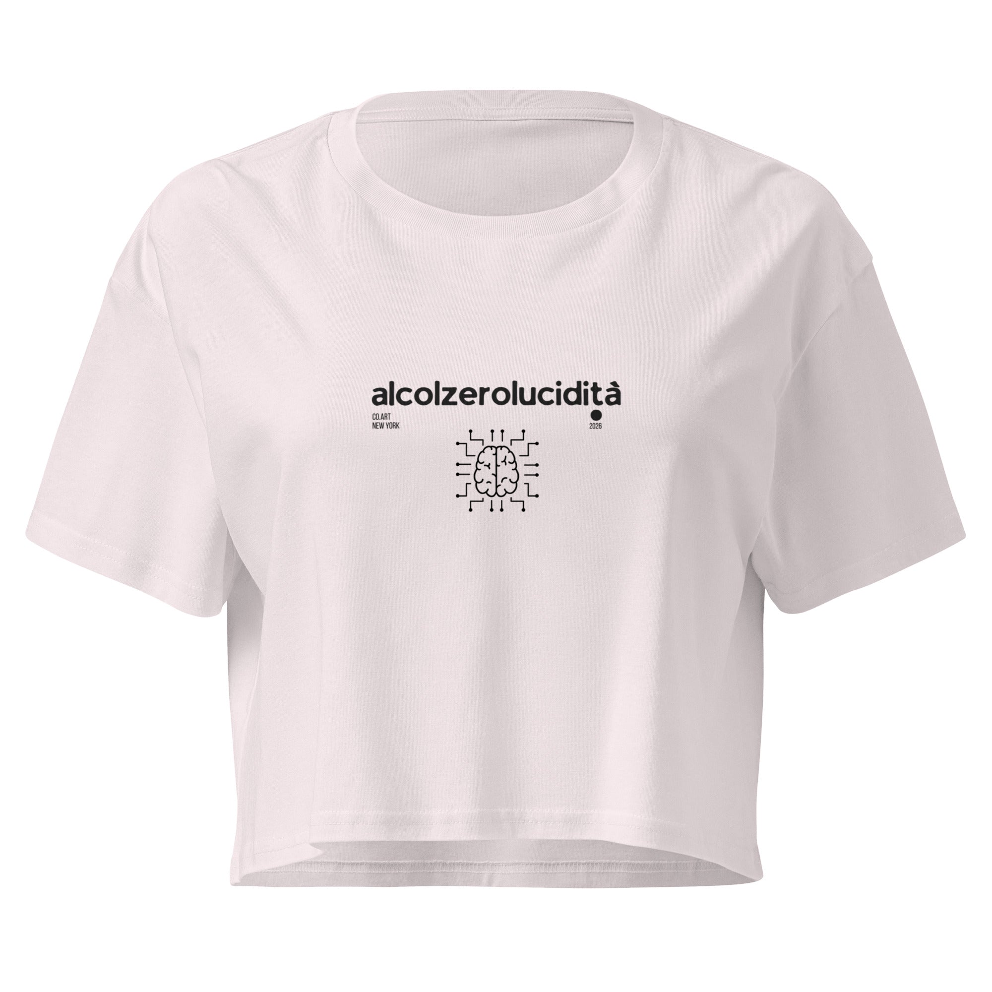 Crop top rosa pallido in cotone con scritta nera "alcolzerolucidità" sopra grafica stilizzata cervello, streetwear con.